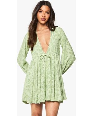 Boohoo Floral Burnout Plunge Skater Mini Dress - Green