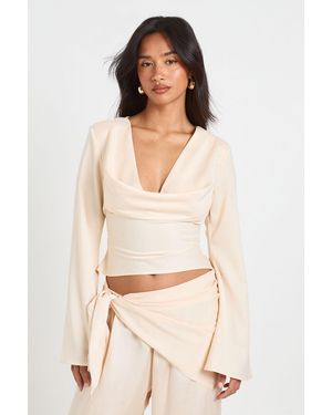 Boohoo Petite Long Sleeve Satin Cowl Neck Top - Natural