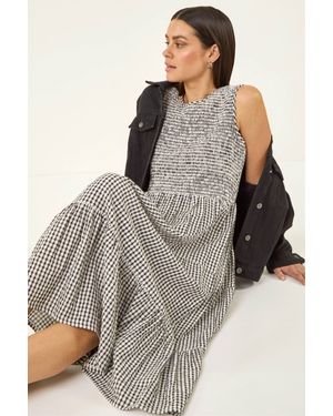 Roman Gingham Shirred Midi Dress - Grey