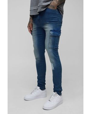 BoohooMAN Tall Distressed Super Skinny Cargo Jeans - Blue