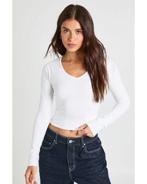 Boohoo Deep V Neck Long Sleeve Fitted Top - White