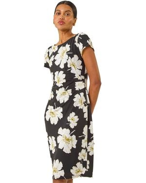 Roman Floral Gathered Shift Dress - White