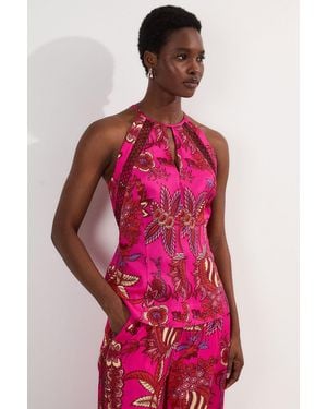 Karen Millen Viscose Floral Print Linen Lace Trim Insert Woven Halter Neck Top - Pink