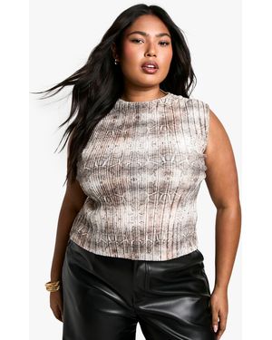 Boohoo Plus High Neck Plisse Snake Top - Black