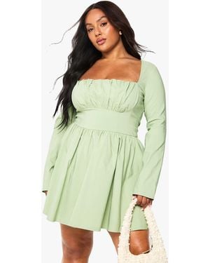 Boohoo Plus Bengaline Corset Long Sleeve Skater Dress - Green