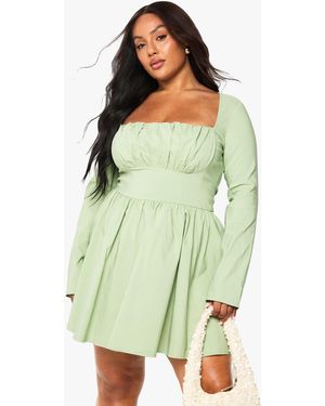 Boohoo Plus Bengaline Corset Long Sleeve Skater Dress - Green