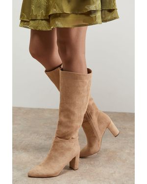 Oasis Kora Faux Suede High Block Heel Pointed Knee Boots - Brown