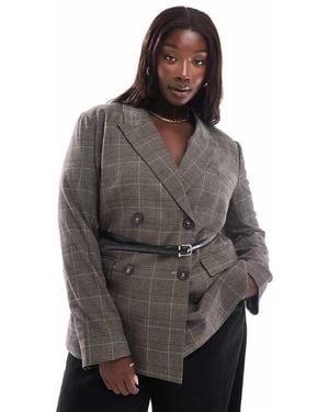 ASOS Design Check Blazer With Faux Leather Belt - Grey