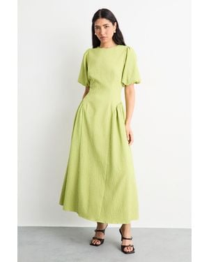 Warehouse Textured Godet Side Puff Sleeve Midi Dress - Yellow