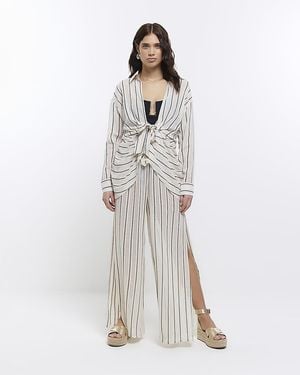 River Island Beige Sheer Stripe Split Hem Trousers - White