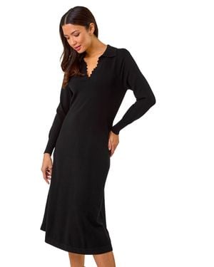 Roman Scallop Detail Knitted Midi Dress - Black