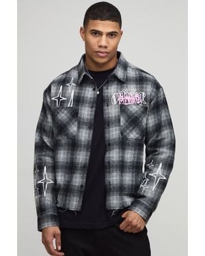 BoohooMAN Oversized Graffiti Long Sleeve Flannel Check Shirt - Grey