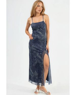 Hiccup Square Collar Printed Midi Dress - Blue