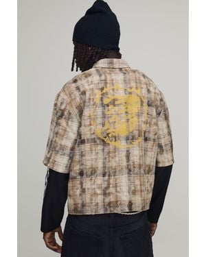 BoohooMAN Oversized Boxy Distressed Check Faux Layer Shirt - Brown