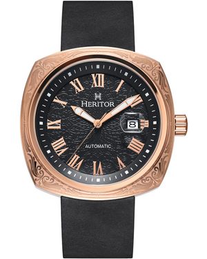 Heritor Davenport Engraved-Case Leather-Band Watch W/ Date - Metallic