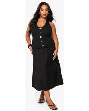 Boohoo Plus Starfish Trim Rib Poplin Mix Midaxi Dress - Black