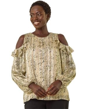Roman Snake Print Frill Cold Shoulder Top - Metallic