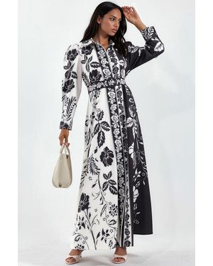 Msn-Collection Floral Belted Maxi Shirt Dress - White