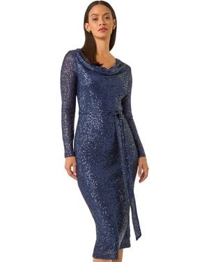 D.u.s.k Sequin Cowl Neck Pencil Stretch Dress - Blue