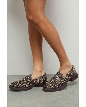 Faith Barrie Leather Deer Print Pony Chunky Penny Loafers - Brown
