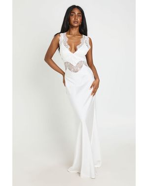 Boohoo Crinkle Textured Satin & Lace Maxi Dress - White