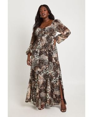 Boohoo Plus Mixed Animal Crinkle Chiffon Milkmaid Maxi Dress - Brown