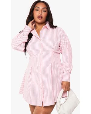 Boohoo Plus Stripe Cinched Shirt Dress - Pink