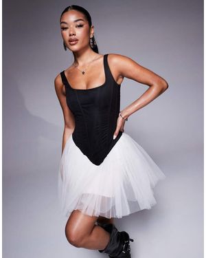 LACE & BEADS Drop Waist Corset Detail Mini Dress - White