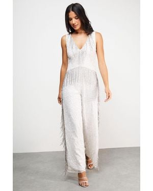 Warehouse Hen Hand Embellished Plunge Neck Sequin Fringe Jumpsuit - White