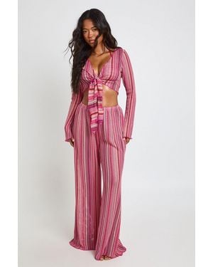 Boohoo Patterned Knitted Knot Top & Wide Leg Trouser Beach Co-Ord - Red