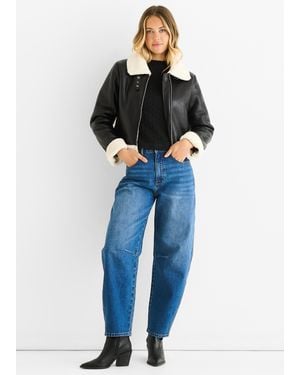 Gini London Faux Leather Shearling Fur Aviator Jacket - Blue