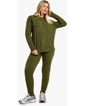 Boohoo Soft Cable Zip Through Hoody Knitted Tracksuit - Green