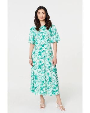 Izabel London Floral Flared Sleeve A-Line Midi Dress - Green