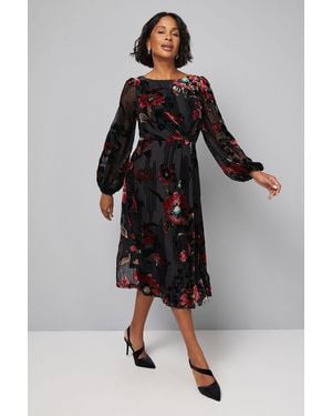 Wallis Devore Floral Drape Midi Dress - Black