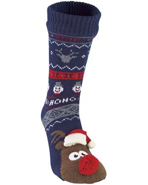 Sock Snob Thermal Rudolph Christmas Fleece Lined Slipper Winter Socks - Blue