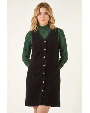 Roman Cotton V-Neck Button Pocket Dress - Black