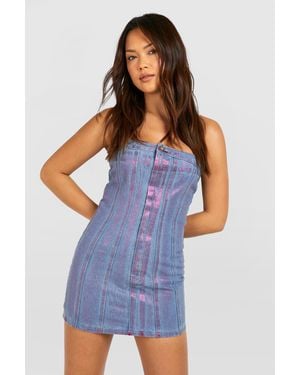 Boohoo Coated Metallic Bandeau Denim Mini Dress Cotton - Blue