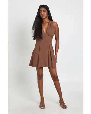 Boohoo Linen Look Ruched Bust Halterneck Mini Dress - Brown