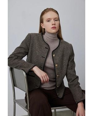 GUSTO Herringbone Wool Mix Jacket With Leather Details - Grey