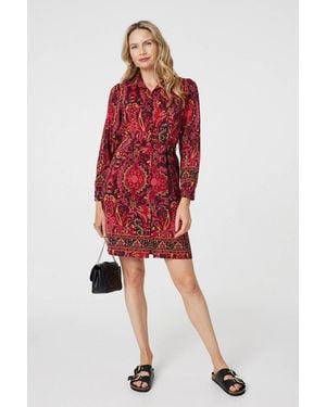 Izabel London Mosaic Print Long Sleeve Short Shirt Dress - Red