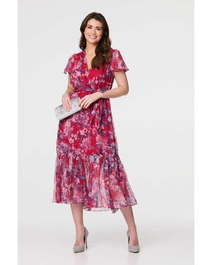 Izabel London Floral Short Sleeve Tiered Midi Dress - Pink