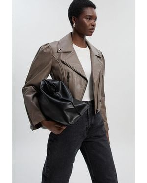 Karen Millen Leather Strong Shoulder Crop Biker Jacket - Black