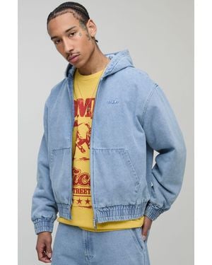Boohoo Boxy Fit Padded Denim Hooded Bomber Jacket - Blue