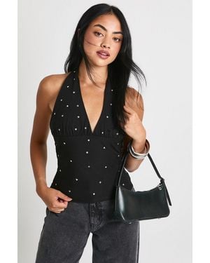Boohoo Halterneck Multi Stud Detail Top - Black