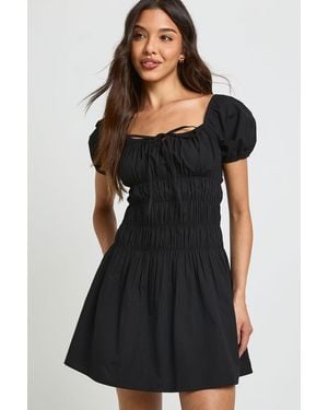 Boohoo Cotton Poplin Shirred Bodice Puff Sleeve Mini Dress - Black