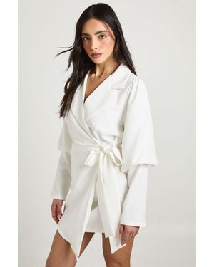 Boohoo Volume Sleeve Tie Waist Blazer Dress - White