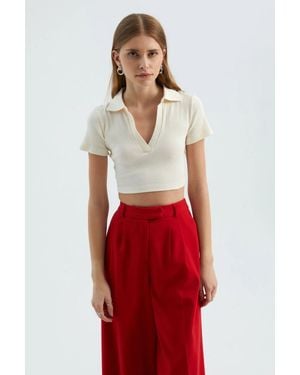 Hiccup V Neck Polo Crop Top - Red