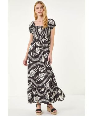 Roman Leaf Print Shirred Maxi Dress - White