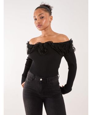 Pink Vanilla Ruffle Bardot Knit Top - Black