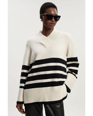 Karen Millen Stripe V Neck Split Hem Knitted Jumper - Natural